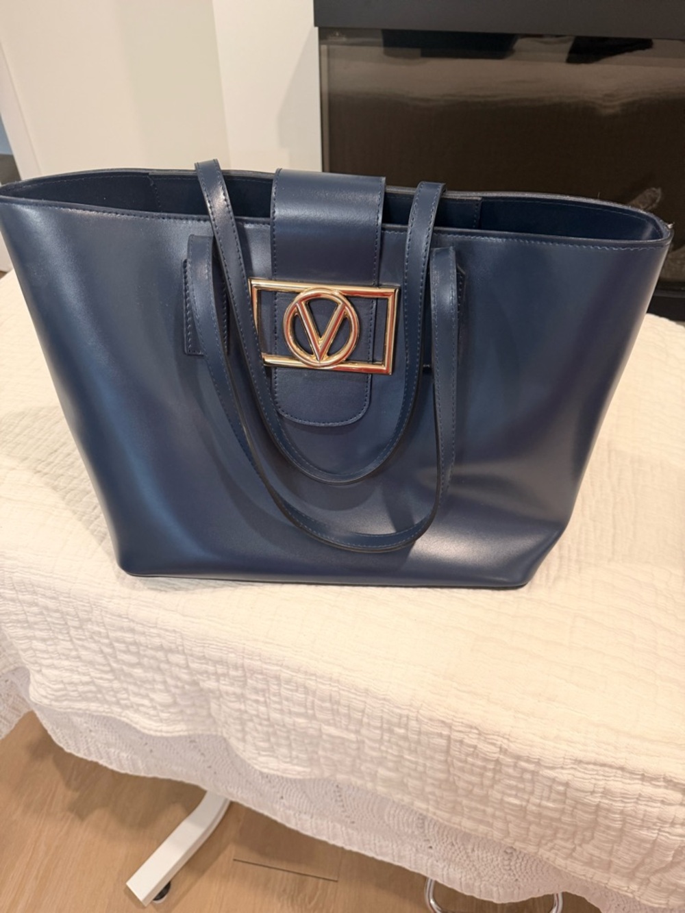Valentino Navy Leather Tote with Gold Logo Buckle